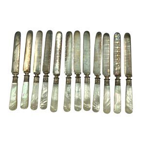 Set of 12 Vintage Unmarked Mother of Pearl Handle Knives Sterling Ferrules
